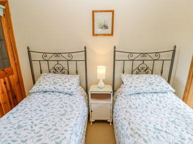 A bedroom with two single beds and a nightstand with a lamp at Moorgair Cottage Slaley near Hexham