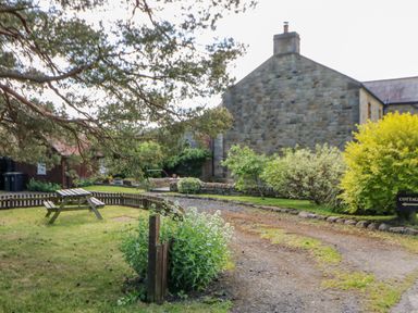 A stone building with a gravel path and wooden picnic table in a garden with trees and bushes at Moorgair Cottage Slaley near Hexham