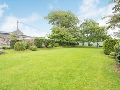 A grassy garden with trimmed bushes and trees under a blue sky at Pensarn Hall in Llanbedr near Harlech