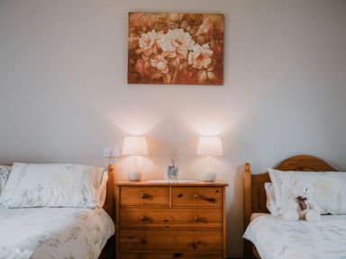 A bedroom with two single beds a wooden bedside table with two lamps and a figurine and a floral painting on the wall at Stargazer's Field House in Hardwicke near Hay-on-Wye