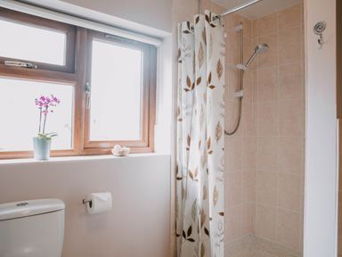 A bathroom with a shower area with tiled walls a shower curtain a toilet and a window with a flower pot and soap at Stargazer's Field House Hardwicke near Hay-on-Wye