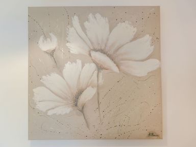 A painting of three white flowers on a beige background at Perriwinkle The Bay near Filey