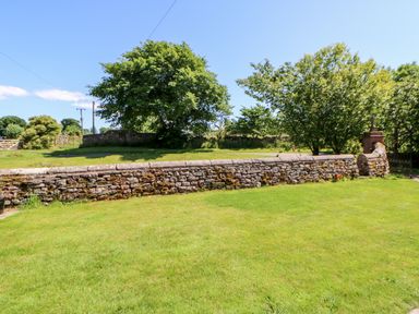 A garden with a stone wall and trees under a clear sky at The Cow Byre Barras near Kirkby Stephen