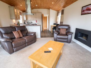 A living room with brown leather sofas a wooden coffee table a fireplace and an open kitchen at Oak Lodge in Beaconsfield Holiday Park