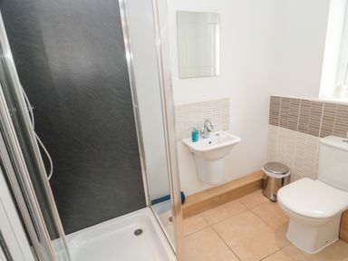 A bathroom with a shower, small sink with mirror, toilet, and a trash bin at On The Watersedge in Beadnell