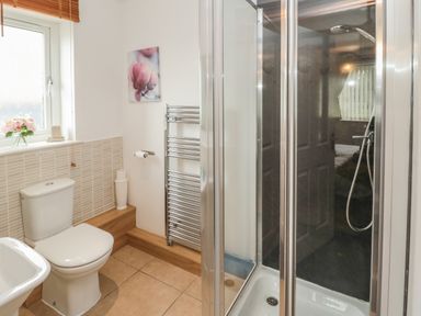 A bathroom with a toilet a shower enclosure a heated towel rail and a window with blinds at On The Watersedge in Beadnell