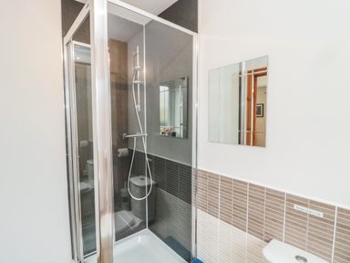 A bathroom with a glass shower enclosure a shower head a mirror and a partial view of a toilet at On The Watersedge in Beadnell