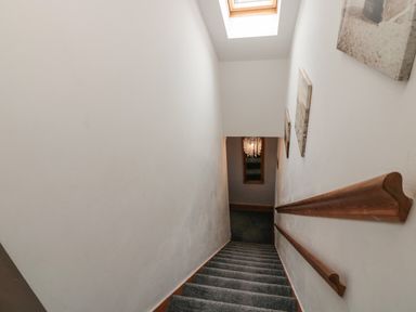 A staircase with carpeted steps wooden handrails and framed pictures on the wall illuminated by a skylight at On The Watersedge in Beadnell