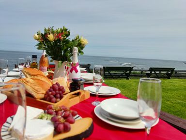 A table set with bread grapes cheese and drinks on a lawn by the sea at On The Watersedge in Beadnell