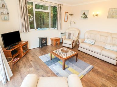 A living room with cream leather sofas a wooden coffee table and a television on a wooden stand at The Shack in Mawgan Porth near Newquay