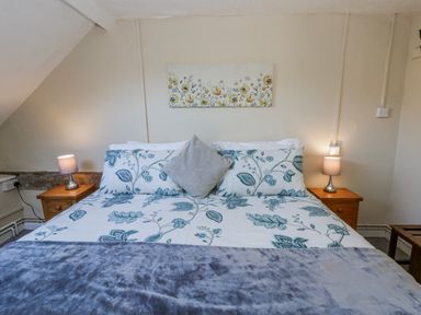 A bedroom with a bed and nightstands at Penlone Cottage Rhayader