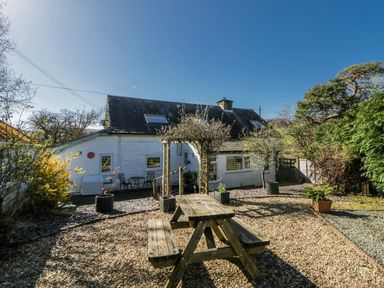 A garden with a picnic table and planters at Penlone Cottage in Rhayader