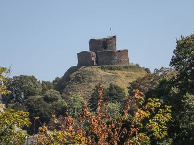 Ruins of a stone castle on top of a grassy hill surrounded by trees at Middle Barn in Launceston