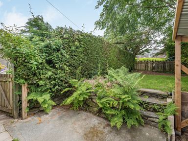 A garden area with stone steps, ferns, a wooden gate, and a hedge at 3 Tyn Y Mynydd in Penmachno