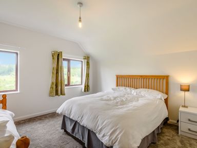 A bedroom with a double bed a bedside table with a lamp two windows with curtains and a carpeted floor at 3 Tyn Y Mynydd in Penmachno