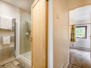 A bathroom with a wooden door a glass shower enclosure and a towel rail with white towels visible next to a carpeted room with a window and green patterned curtains at 3 Tyn Y Mynydd in Penmachno