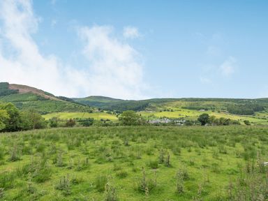 A grassy field with small plants and hills in the background at 3 Tyn Y Mynydd in Penmachno