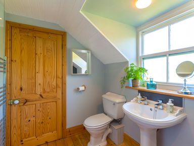 A bathroom with a toilet sink mirror window and wooden door at Townfoot Cottage Elsdon near Otterburn