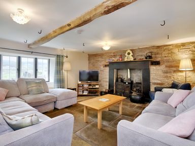 A living room with sofas a coffee table a television and a fireplace at The Birches in Hay-on-Wye