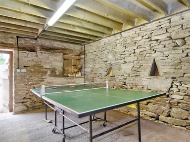 A room with a green ping pong table and stone walls at The Birches in Hay-on-Wye