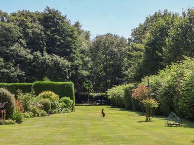 A large garden with trimmed hedges and bushes with a bird feeder and a small cage on the lawn at Waggoner's Cottage in Bessingby near Bridlington