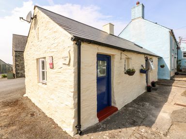 An exterior view of a small cream stone cottage with a blue door and hanging flower pots at Ffynnon Tom in Trefin near St Davids