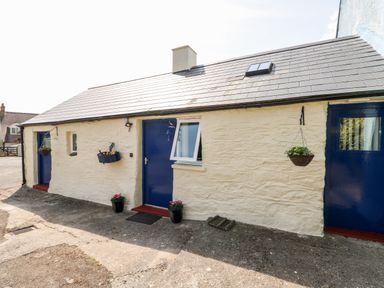 The exterior of a single-story building with white stone walls blue doors hanging flower baskets and small potted plants at Ffynnon Tom in Trefin near St Davids