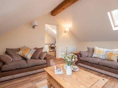 A living room with two brown sofas and a wooden coffee table with flowers and cups at Hendre Cottage Bronaber near Trawsfynydd