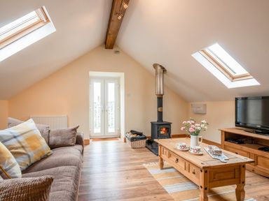 An attic living room with a brown sofa wooden coffee table with flowers and cups a wood stove and a television at Hendre Cottage Bronaber near Trawsfynydd