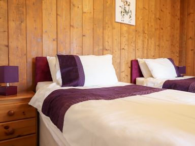 A bedroom with two beds and a lamp on a nightstand at Bryn Re Trawsfynydd near Llan Ffestiniog and Dolgellau