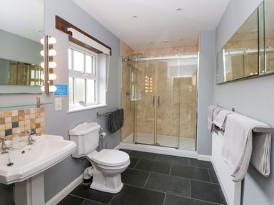A bathroom with a shower and wash basin at Blaenffynnon Bach in Trelech near Crymych