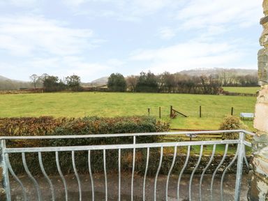 A view of a fenced green field with bushes and trees in the distance from a metal railing at Tangaer Cottage in Cellan near Lampeter