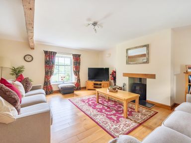 A living room with sofas coffee table television fireplace and window at Old Rectory Cottages Aberhafesp near Newtown