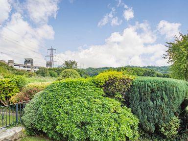 A garden with various bushes and shrubs under a blue sky with clouds at Menai View in Llanfairpwllgwyngyll near Beaumaris