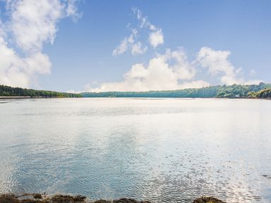 A view of a river with trees along the banks under a cloudy sky at Menai View in Llanfairpwllgwyngyll near Beaumaris
