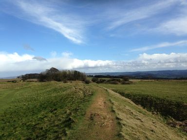 A grassy path leading through open fields with trees and hills under a partly cloudy sky at Island Yurt in Beckford near Tewkesbury