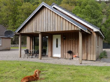 A wooden cottage with a patio table and chairs a barbecue and a dog lying on grass at Stone Water Cottage in Strathpeffer