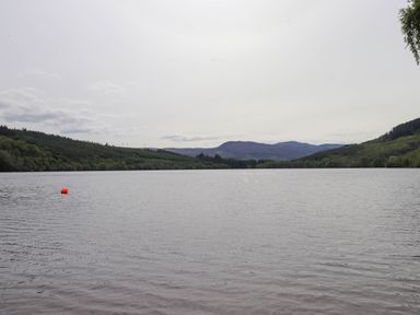 A lake surrounded by forested hills with a red buoy floating in the water at Stone Water Cottage in Strathpeffer