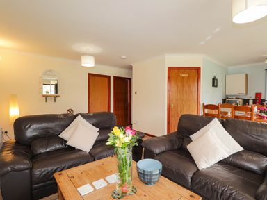 A living room with two black leather sofas a wooden coffee table with flowers and a bowl three wooden doors and a dining area at Pebbles Cottage in Achilty near Strathpeffer
