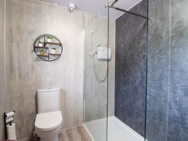 A bathroom with a toilet and a glass shower enclosure with a shower head and round wall shelf with plants at Pebbles Cottage in Achilty near Strathpeffer