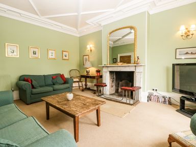 A living room with green sofas wooden coffee table fireplace and a television at Wheelbarrow Castle in Leominster