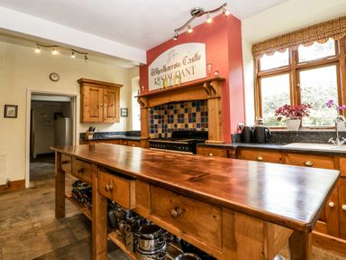 A kitchen with a wooden island and cabinets a stove under a tiled hood and a window with plants at Wheelbarrow Castle in Leominster