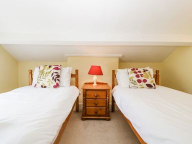 A bedroom with two single beds with white bedding and patterned pillows and a wooden nightstand with a red lamp at Wheelbarrow Castle in Leominster