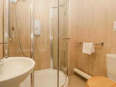A bathroom with a corner shower enclosure a sink and a toilet at Wheelbarrow Castle in Leominster