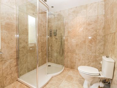 A bathroom with a corner glass shower enclosure and a toilet at Wheelbarrow Castle in Leominster