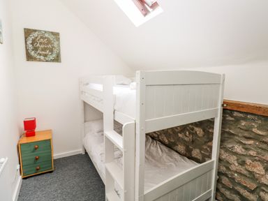 A small bedroom with a white bunk bed a wooden nightstand with a red lamp and a skylight at Beekeeper's Cottage in Pembroke