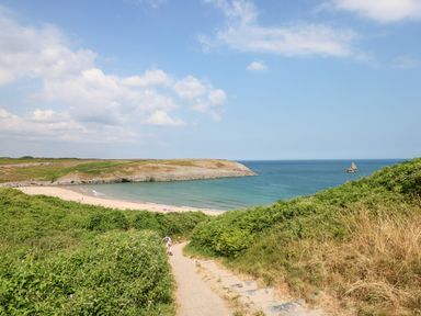 A sandy beach with people near the shoreline and green bushes along a path leading to the beach