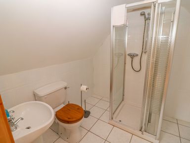 A bathroom with a sink a toilet with a wooden seat and a glass shower at Bluebell House and Gardens Gurteenulla near Ballydehob County Cork