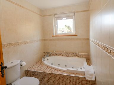 A bathroom with a toilet and a tiled bathtub under a window at Bluebell House and Gardens Gurteenulla near Ballydehob County Cork
