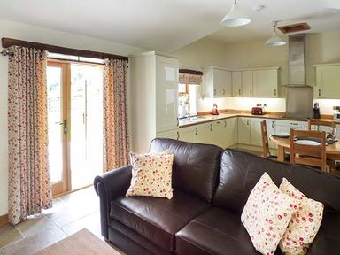 A kitchen and living area with a dark sofa and floral cushions near wooden dining chairs and a glass door at Beudy in Llangwm near Bala